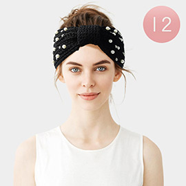 12PCS - Pearl Stone Embellished Bow Knit Earmuff Headbands