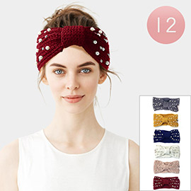 12PCS - Pearl Stone Embellished Bow Knit Earmuff Headbands