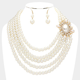 Oval Pearl Accented Multi Layered Bib Necklace