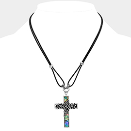 Abalone Embossed Antique Metal Cross Pendant Necklace