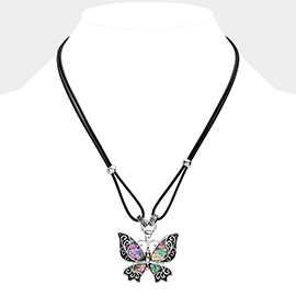 Abalone Embossed Antique Metal Butterfly Pendant Necklace