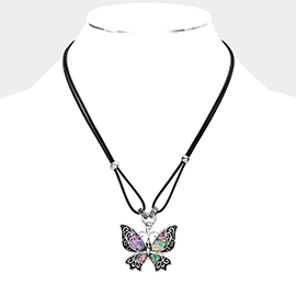 Abalone Embossed Antique Metal Butterfly Pendant Necklace