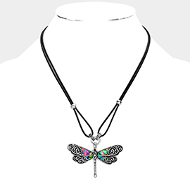 Abalone Embossed Antique Metal Dragonfly Pendant Necklace