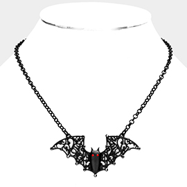 Stone Embellished Filigree Bat Pendant Necklace