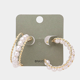 Pearl Detailed Brass Metal Split Hoop Earrings