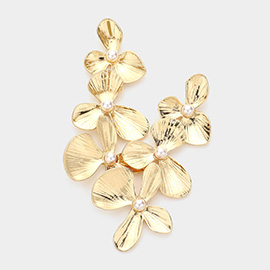 Pearl Centered Triple Flower Link Dangle Earrings