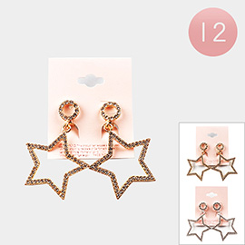 12Pairs - Rhinestone Embellished Open Star Link Dangle Earrings
