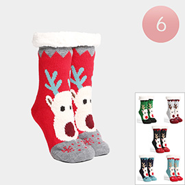 6Pairs - Faux Sherpa Lining Rudolph Socks
