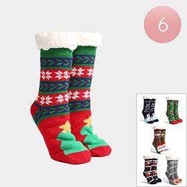 6Pairs - Faux Sherpa Lining Christmas Tree Snowman Snowflake Candy Cane Santa Claus Socks