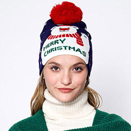 Merry Christmas Message Polar Bear Pom Pom Beanie Hat