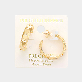 14K Gold Dipped Heart Detailed 1 Inch Metal Hoop Earrings