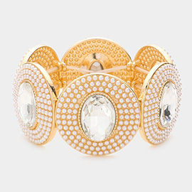 Oval Stone Centered Pearl Cluster Stretch Bracelet
