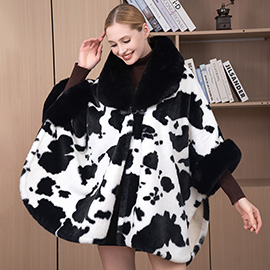 Cow Patterned Faux Fur Collar Poncho