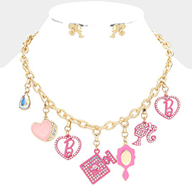 Barbie Pink Teardrop Stone Heart B Monogram Perfume Mirror Pendant Necklace
