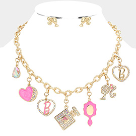 Barbie Pink Teardrop Stone Heart B Monogram Perfume Mirror Pendant Necklace