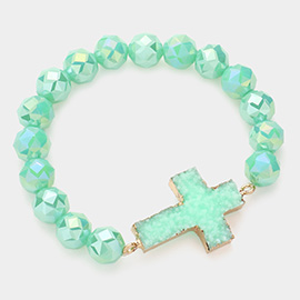 Druzy Cross Accented Faceted Beaded Stretch Bracelet