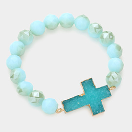 Druzy Cross Accented Faceted Beaded Stretch Bracelet