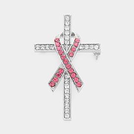 Rhinestone Embellished Pink Ribbon Accented Cross Pin Brooch