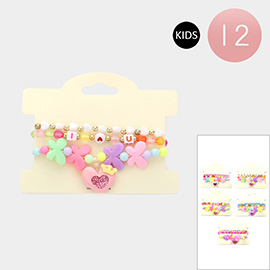 12 Set of 3 - I Love You Message Heart Charm Butterfly Beaded Stretch Kids Bracelets