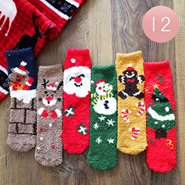 12Pairs - Rudolph Santa Claus Snowman Gingerbread Man Christmas Tree Soft Socks