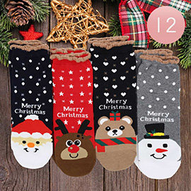 12Pairs - Merry Christmas Message Santa Claus Rudolph Bear Snowman Socks