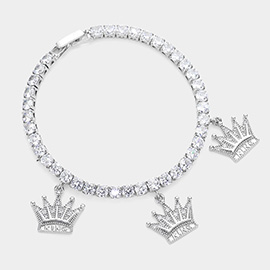 CZ Embellished King Message Triple Crown Charm Tennis Evening Bracelet