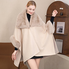 Faux Fur Trimmed Solid Ruana Poncho
