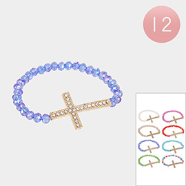 12PCS - Cross Charm Faceted Beaded Stretch Bracelets