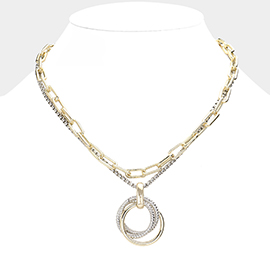 Triple Open Metal Circle Link Pendant Double Layered Toggle Necklace