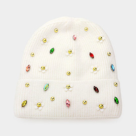Fleece Lining Daisy Flower Stone Embellished Solid Knit Beanie Hat