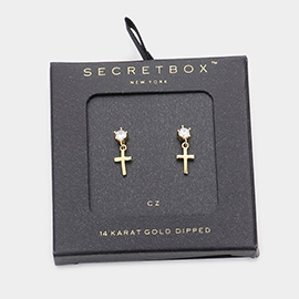 SECRET BOX _ 14K Gold Dipped CZ Metal Mini Cross Dangle Earrings