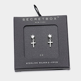 SECRET BOX _ Sterling Silver Dipped CZ Metal Mini Cross Dangle Earrings