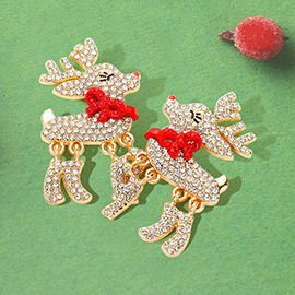Rhinestone Embellished Bow Pointed Rudolph Dangle Earrings