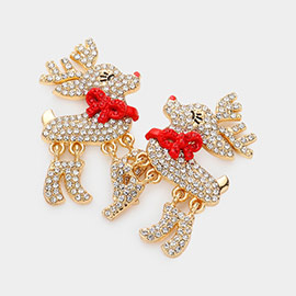 Rhinestone Embellished Bow Pointed Rudolph Dangle Earrings