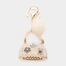 Heart Pointed Tweed Tote Bag Pom Pom Keychain