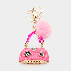 Heart Pointed Tweed Tote Bag Pom Pom Keychain