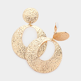 Textured Open Metal Round Dangle Clip on Earrings