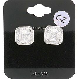 CZ Square Accented Octagon Stud Evening Earrings
