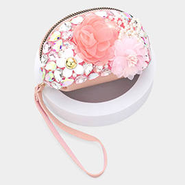 Pearl Stone Embellished Triple Flower Mini Pouch Wristlet Bag