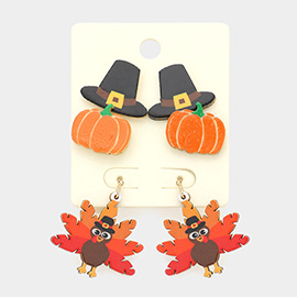 3Pairs - Glittered Resin Hat Pumpkin Turkey Earrings