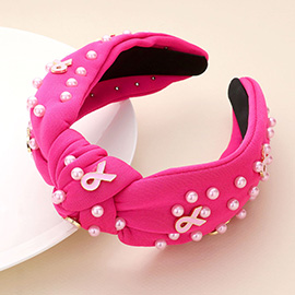 Pink Ribbon Pearl Embellished Knot Burnout Headband