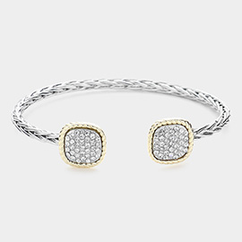 Stone Paved Square Tip Metal Braided Cuff Bracelet