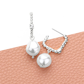 Stone Pointed Metal Rectangle Hoop Pearl Link Dangle Earrings