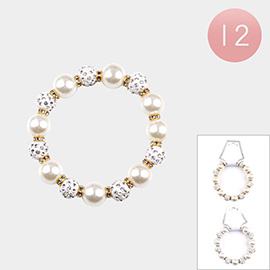12PCS - Rhinestone Embellished Ball Pearl Stretch Bracelets