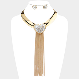 Rhinestone Embellished Heart Long Dropped Metal Chain Tassel Necklace