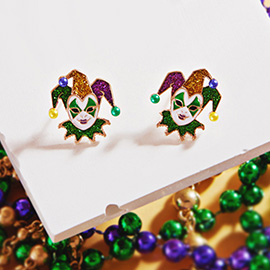 Mardi Gras Glittered Jester Pierrot Stud Earrings