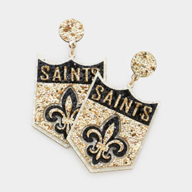 Felt Back Saints Message Fleur de Lis Dangle Earrings
