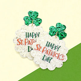 Happy St. Patrick's Day Message Glittered Clover Shamrock Dangle Earrings