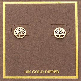 18K Gold Dipped Tree of Life Disc Stud Earrings