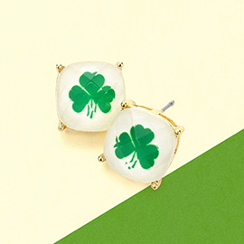 St. Patrick's Day Clover Shamrock Cushion Square Stud Earrings